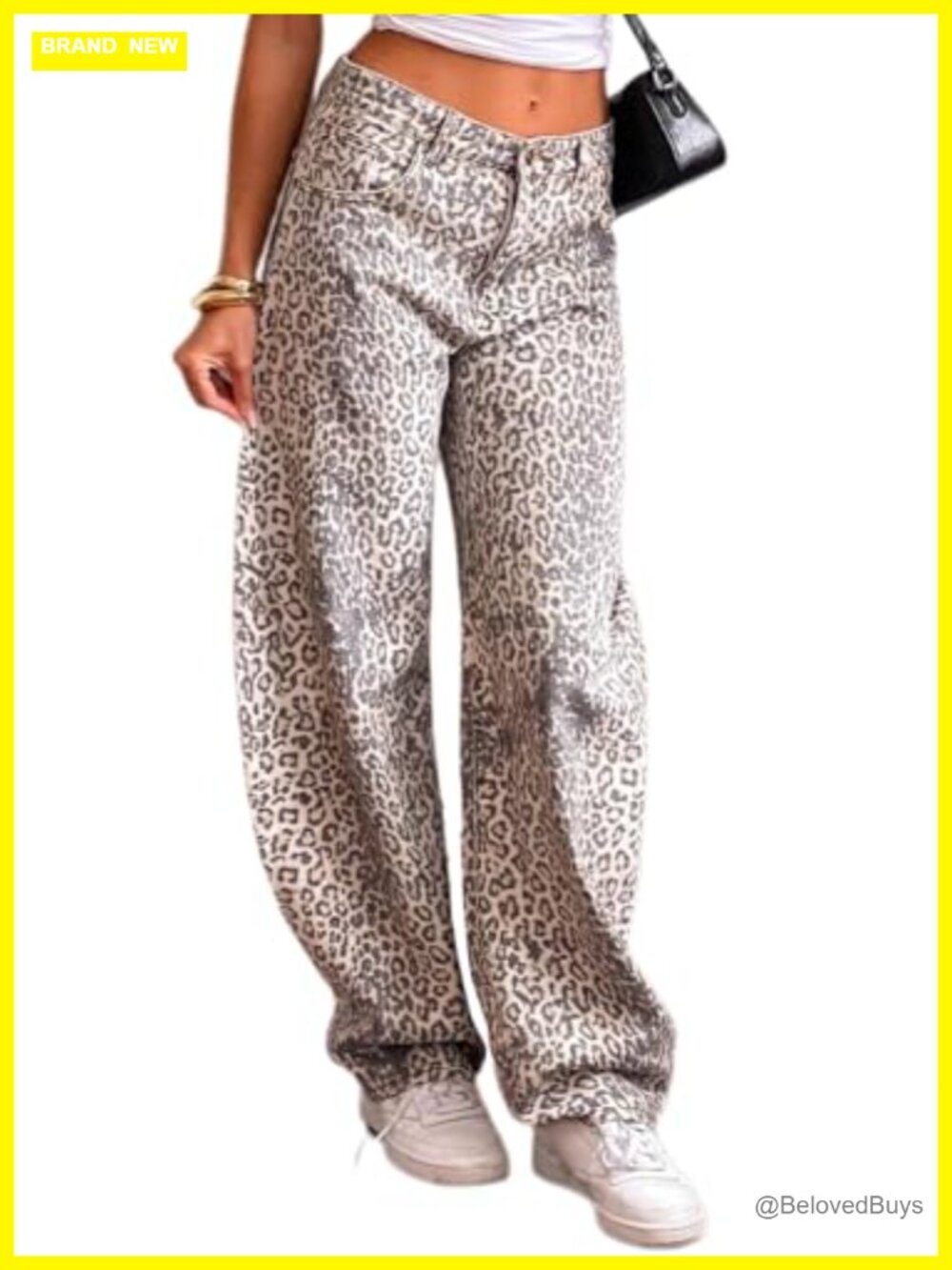 Women's Leopard Print Wide Leg Jeans Mid Rise Lightweight No Stretch Baggy